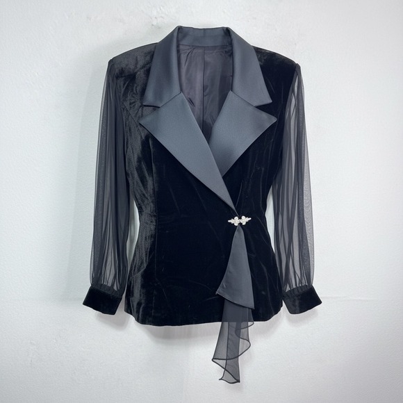 Alex Evenings Jackets & Blazers - Alex Evenings Vintage 16 Black Velvet Sheer Sleeve Rhinestone Clasp Formal Top